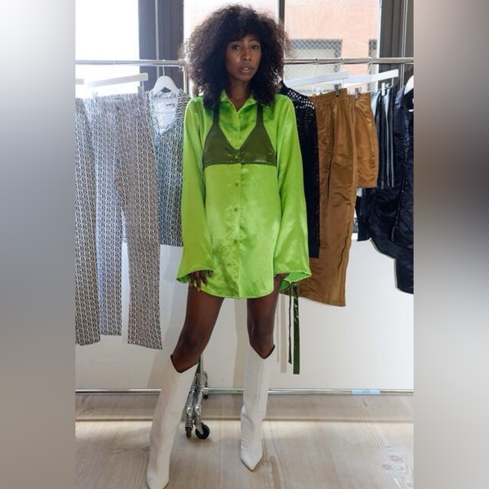 Sammy B Samantha Black Vibrant Green Satin Button Down Mini Shirt Dress XS 🫒🍋‍🟩💚